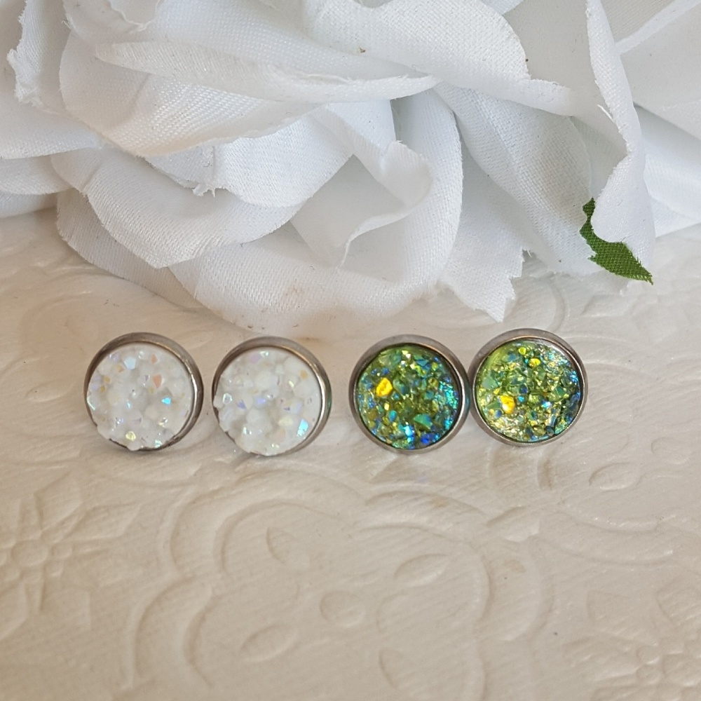 10 mm Olive Green and White Druzy Earrings set